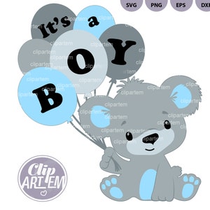 Bear with Balloons, baby boy bear holding balloons. It&#39;s a boy bear svg cutting file, clip art, boy baby bear with blue ears, digital file