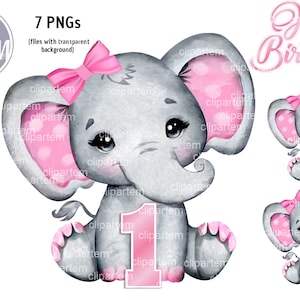 Pacote de aniversário de elefante para decoração de festa de 1º, 2º, 3º aniversário, elefante rosa menina segurando UM, dois, três números. Aquarela super fofa