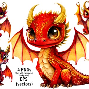 May include: Four digital illustrations of a red dragon with large eyes and gold accents. The dragon is sitting with its wings spread out. The illustrations are in a cartoon style.