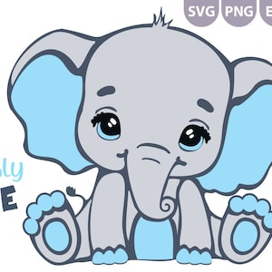 May include: A cartoon illustration of a baby elephant in gray and light blue. The elephant is sitting with its legs out and has large, expressive eyes. The text "Trunkly CUTE" is below the elephant.