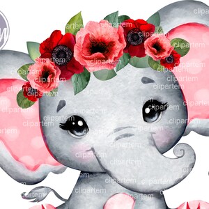 Red Floral Crown Elephant Baby Girl Elephant PNG Clipart Sublimation, any project, birthday, babyshower, burgundy, maroon, dark red, poppy