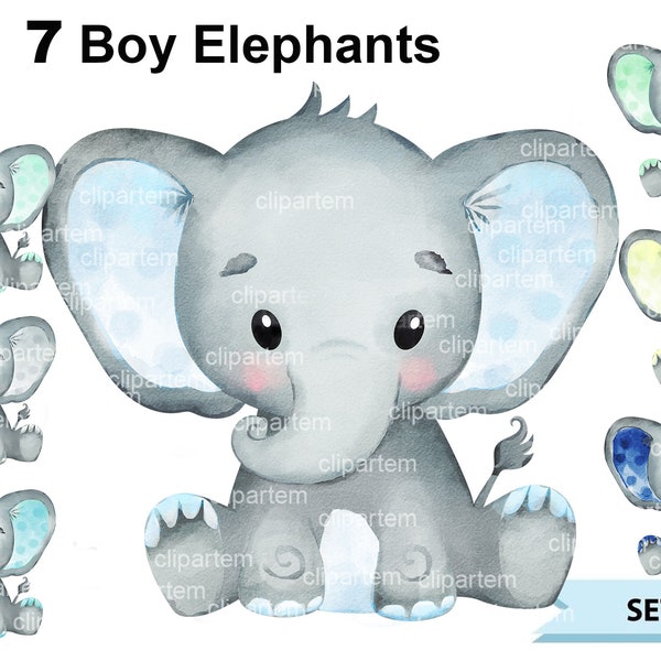 Watercolor Elephant Boy clip art, baby blue elephant, mint green elephant, yellow elephant, turquoise elephant, polka dot, commercial use