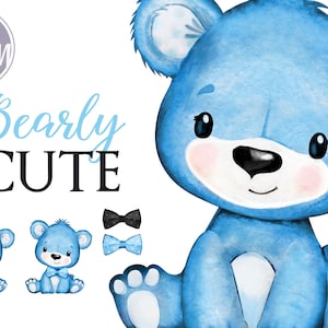 Image clipart aquarelle ours, noeud papillon ours en peluche, mignon petit garçon ours pour baby shower, anniversaire, bannière, enseigne, transfert sublimation bébé