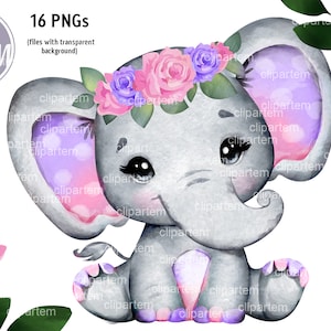 Imágenes prediseñadas de niña elefante rosa y morado, conjunto de 16 ilustraciones PNG, sublimación, imágenes de transferencia para baby shower, cumpleaños, decoración de mesa