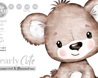 Teddy bear gender neutral watercolor clip art, sublimation, png, cute brown white girl or boy unisex baby bear illustration, vector image