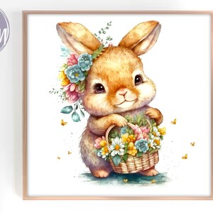 Easter Cute Little Bunny With Holding Basket of Flowers, Image for ...