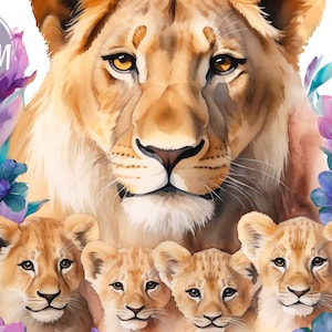 Leoa com 4 filhotes, imagem de sublimação em aquarela de pequenos leões bebês, png para decoração, design de camiseta, presente de dia das mães para mãe solteira