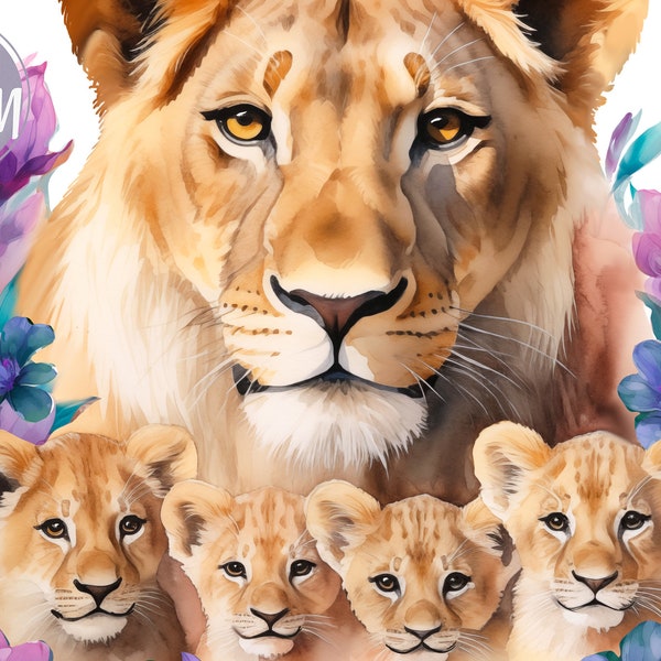 Lioness with 4 cubs, little baby lions watercolor sublimation image, png for decor, t-shirt design mother's day gift for single mother