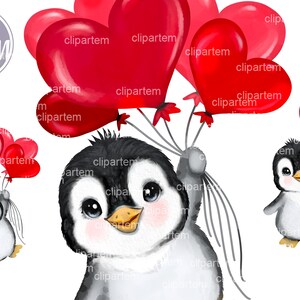 Imágenes prediseñadas de acuarela de pingüino con globo, pingüino sosteniendo globos de corazón rojo para el día de San Valentín, tema de pingüino enamorado, te amo pingüino svg