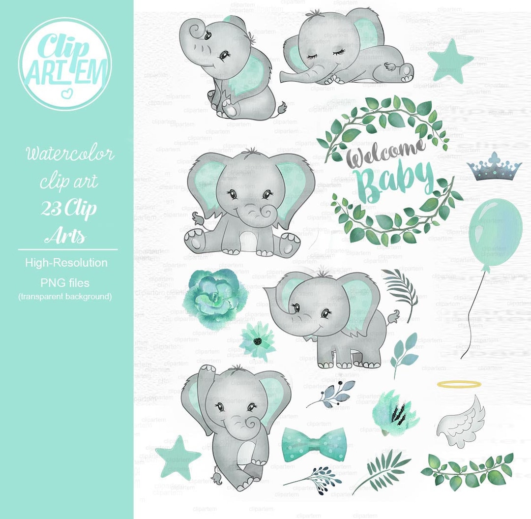 Mint Green Elephant Clip Art, Watercolor. Baby Elephant Clipart, Aqua