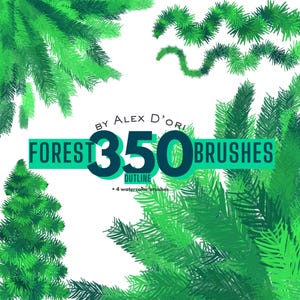 May include: A digital art graphic with green forest-themed brushes. The image features the text "FOREST 350 BRUSHES OUTLINE" with additional watercolor brushes. The design includes various green brush strokes and a small Christmas tree illustration.