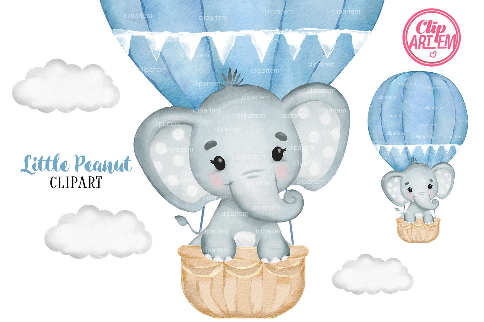 Blue Elephant Hot Air Balloon clip art sublimation for a boy | Etsy