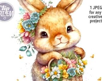 Easter Cute little bunny with holding basket of  flowers, image for greeting, baby shower, spring wall art nursery rabbit image jpg clip art