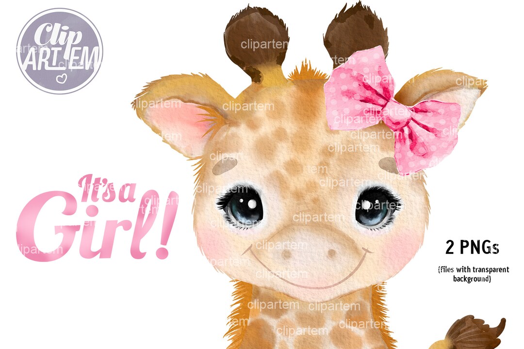 Super Cute Girl Giraffe With Pink Bow, Watercolor Giraffe Baby Girl Sitting for Baby Shower
