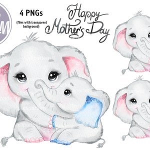 Alles Gute zum Muttertag Elefant Mama Baby Aquarell PNG Clip Art, Bildtransfer, Sublimation. Mutter Elefant und Junge, Mama und Mädchen, gelb