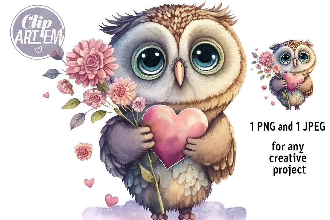 Owl With Heart and Flowers Watercolor Baby Shower Image, Decor ...