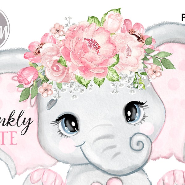 Cute Girl Elephant with Floral Crown, watercolor elephant with flowers on the head. Vector and png file for any project, baby shower, decor