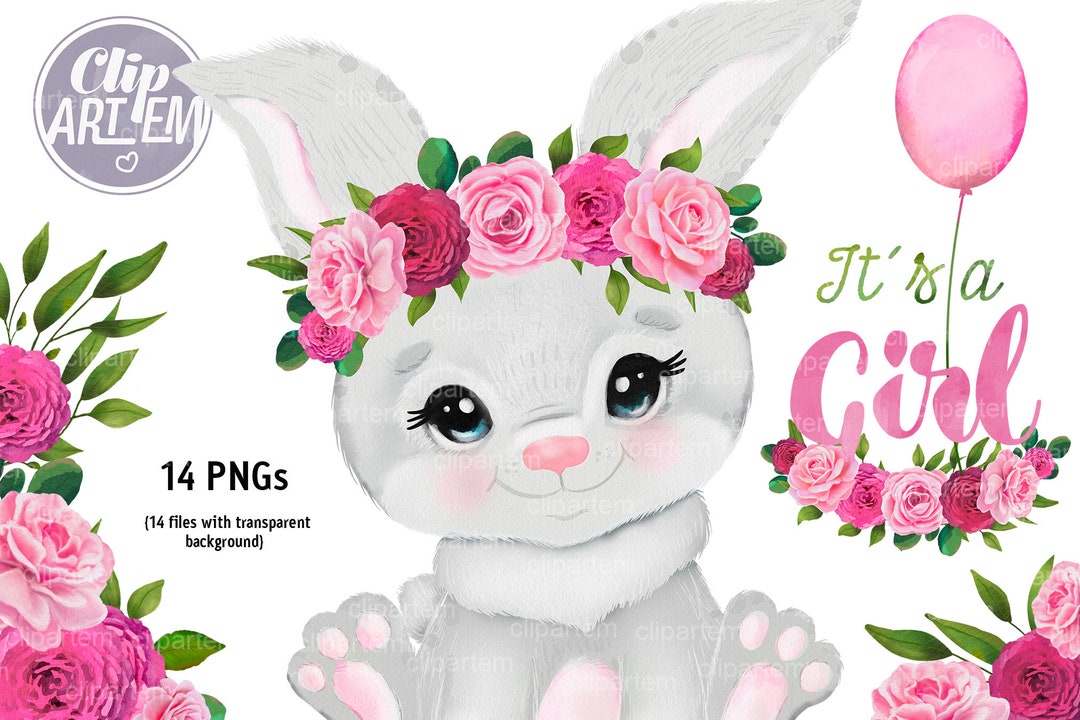 Spring Girl Bunny With Roses, Floral Crown, Watercolor Baby Rabbit ...
