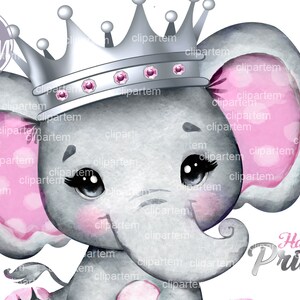 Princess Elephant Silver Pink Crown, royal baby girl elephant image, png, watercolor baby elephant clip art decor, birthday, baby shower