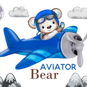Pilot Baby Bear Aviator baby bear watercolor bundle for baby shower, decor, little bear flying in bomber hat and it's a boy banner, clouds