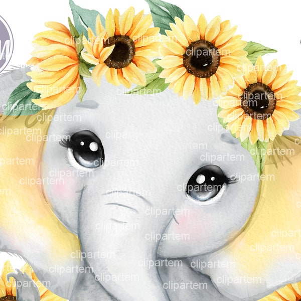 Elephant sunflower baby shower decorations, elephant baby girl yellow sunflower clip art baby shower, sublimation transfer commercial
