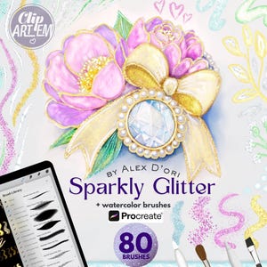 Op de afbeelding: Digitale illustratie met een bloemmotief met een groot, sprankelend juweel en een gouden strik. De tekst "Sparkly Glitter" en "+ watercolor brushes" wordt weergegeven, samen met het Procreate-logo en "80 BRUSHES".