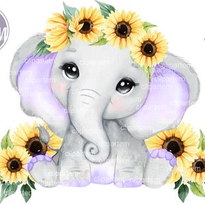 Purple Sunflower Elephant Clip Art, watercolor girl elephant decor for nursery, baby shower, birthday with rustic yellow flowers, crown png