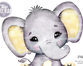 Yellow elephant clip art, very cute little peanut, gender neutral yellow polka ears, commercial usage, baby shower, birthday african animal