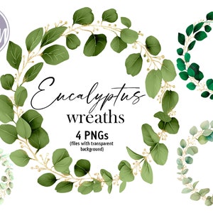 Clip art de coroa de aquarela verde, borda de eucalipto em círculo, clip art de casamento, verde, sálvia e ouro. Imagens digitais elegantes de folhas verdes