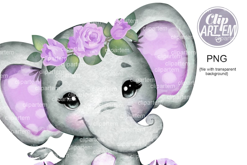 May include: A watercolor illustration of a cute gray elephant with purple polka dot ears and a flower crown. The elephant has large, black eyes and a pink nose.