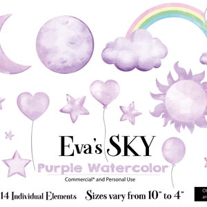 Imágenes prediseñadas de Baby Purple Sky, imágenes de acuarela de alta calidad para cualquier proyecto, uso personal comercial, estrellas, nubes, lila, luna, gota, corazón