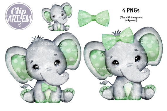 Sage Elephant Gender Reveal Clip Art Girl With Sage Bow Boy Etsy