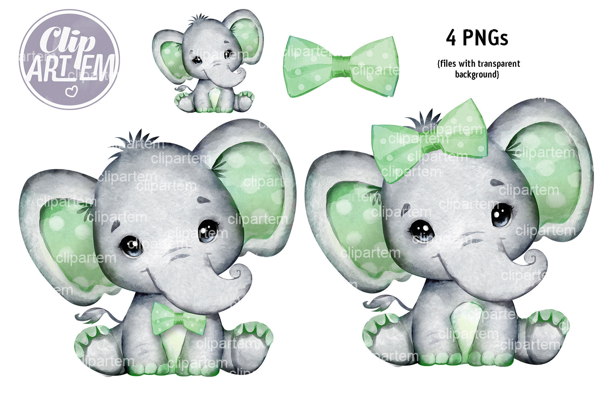 Sage Elephant Gender Reveal Clip Art Girl With Sage Bow Boy - Etsy Ireland
