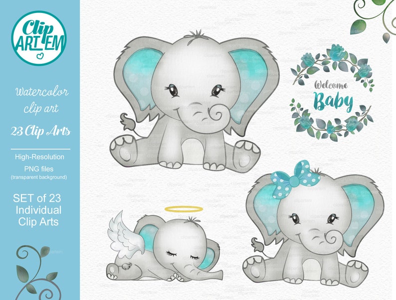 Puede incluir: Conjunto de 23 ilustraciones de clip art de acuarela con adorables elefantes beb&eacute;s en varias poses. Los elefantes tienen cuerpos grises, orejas azules y est&aacute;n decorados con un halo, un lazo y una corona de flores. El texto "Welcome Baby" est&aacute; incluido en la corona.