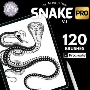 May include: Digital art illustration of two snakes in black and white. The image is on a tablet with the text "Snake Pro V.1" and "120 Brushes" with the Procreate logo. The image is by Alex D'Ori.