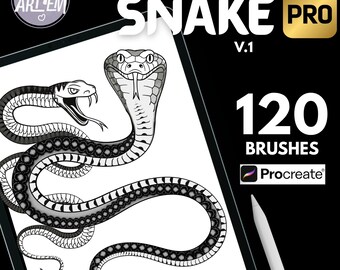 May include: Digital art illustration of two snakes in black and white. The image is on a tablet with the text "Snake Pro V.1" and "120 Brushes" with the Procreate logo. The image is by Alex D'Ori.