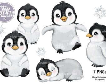 Super Cute Penguin watercolor clip art, baby penguin bundle set for baby shower, birthday, gender neutral baby penguins, sleeping, walking