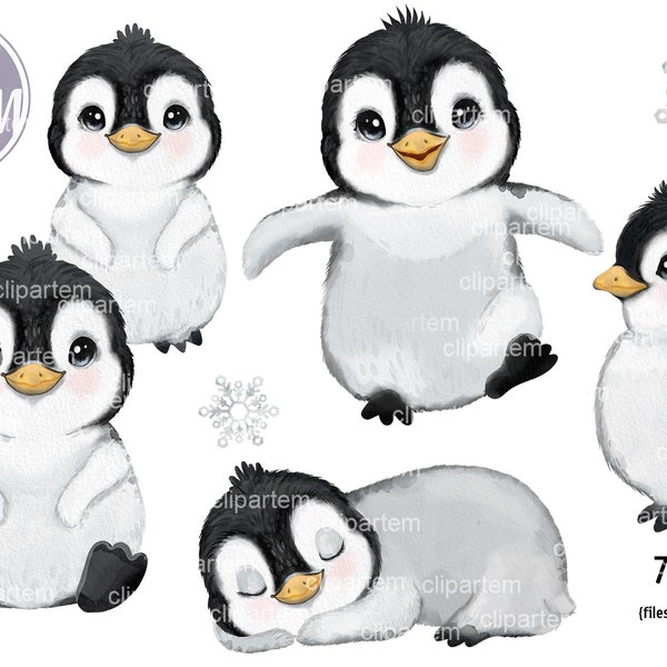 Super Cute Penguin acuarela clip art, paquete de pingüino bebé establecido para baby shower, cumpleaños, pingüinos bebé de género neutro, dormir, caminar