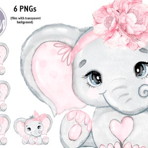 Elefante rosa cipria acquerello, elefante cucciolo principessa fiocco rosa, elefante con fascia floreale