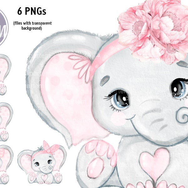 Blush Pink Elephant watercolor, pink bow princess baby elephant, elephant with floral band