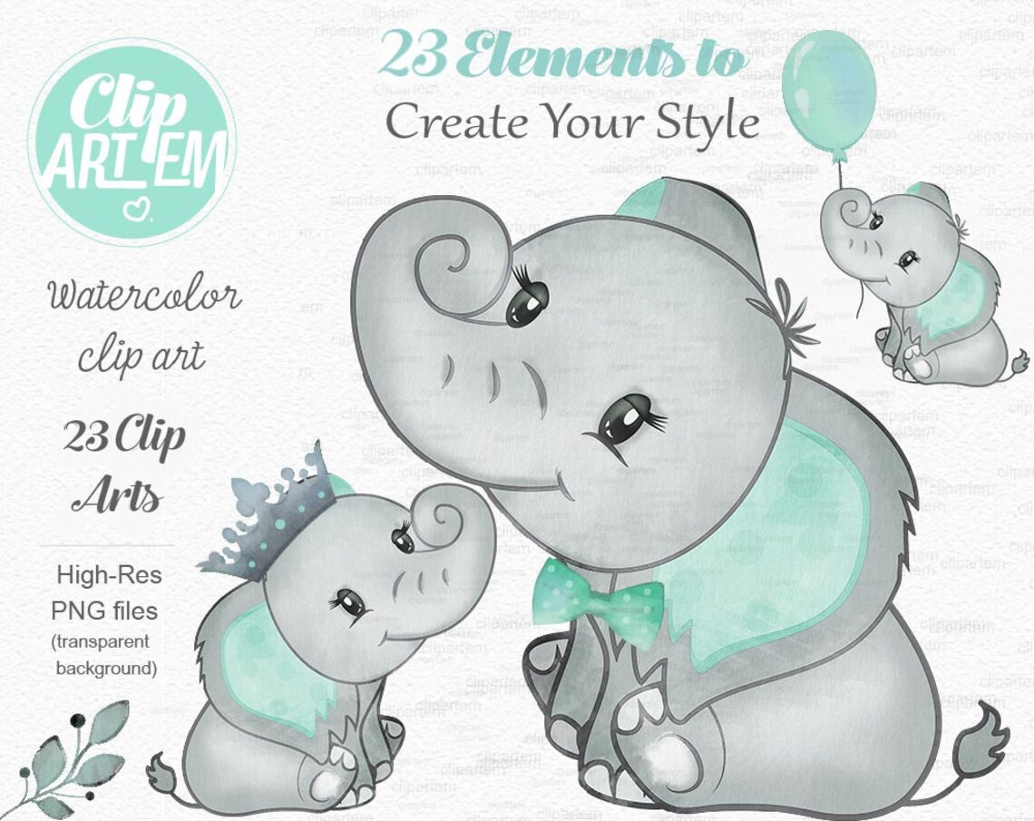 Mint Green Elephant Clip Art, Watercolor. Baby Elephant Clipart, Aqua ...