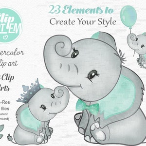 Mint Green Elephant Clip Art, Watercolor. Baby Elephant Clipart, Aqua
