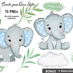 Boy Elephant Clip Art Cute Little Watercolor Blue Elephants - Etsy