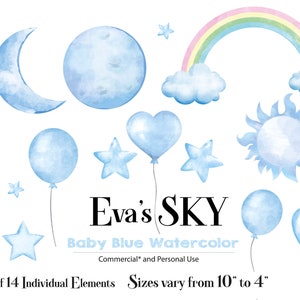 Baby Blue Sky Clip Art, Aquarell hochwertige Bilder für jedes Projekt, kommerzielle persönliche Nutzung, Sterne, Wolken, Regenbogen, Mond, Tropfen, Herz