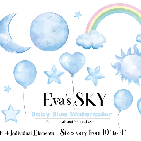 Baby Blue Sky clip art, watercolor high quality images for any project, commercial personal use, stars, clouds, rainbow, moon, drop,heart