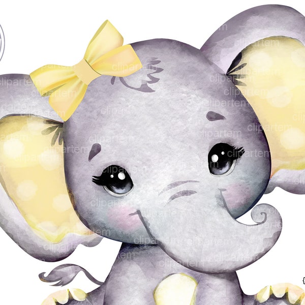 Yellow girl elephant clip art, watercolor very cute little peanut,butter gray polka ears bow commercial usage baby shower sublimation animal