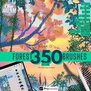 May include: Digital art forest brushes for Procreate. The image features a vibrant forest scene with a variety of trees, leaves, and patterns. The text includes "FOREST 350 BRUSHES" and a list of included elements, such as trees, leaves, and grasses. A tablet and stylus are also visible.
