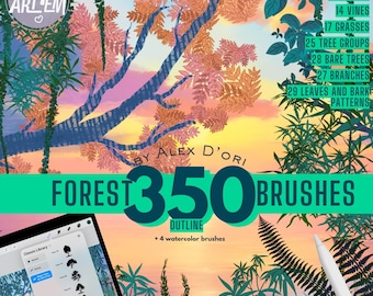 Forest Brushes for Procreate 350 | Trees, Leaves, Vines, Branches, Grasses, Bark & Watercolor Set | Digital Painting Nature Art Mega Pack