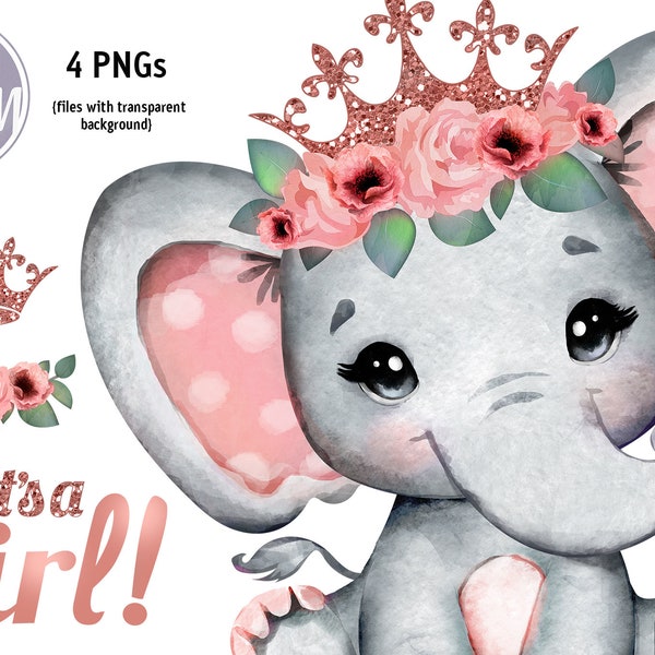 Rose Gold Baby Girl Elephant watercolor floral Princess clip art, peach coral pink floral elephant with glitter crown royal girl shower png