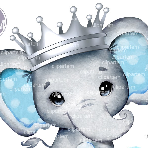 Royal Elephant Silver Crown watercolor clip art PNG. Sublimation image, royal baby shower, baby silver Prince theme, royal